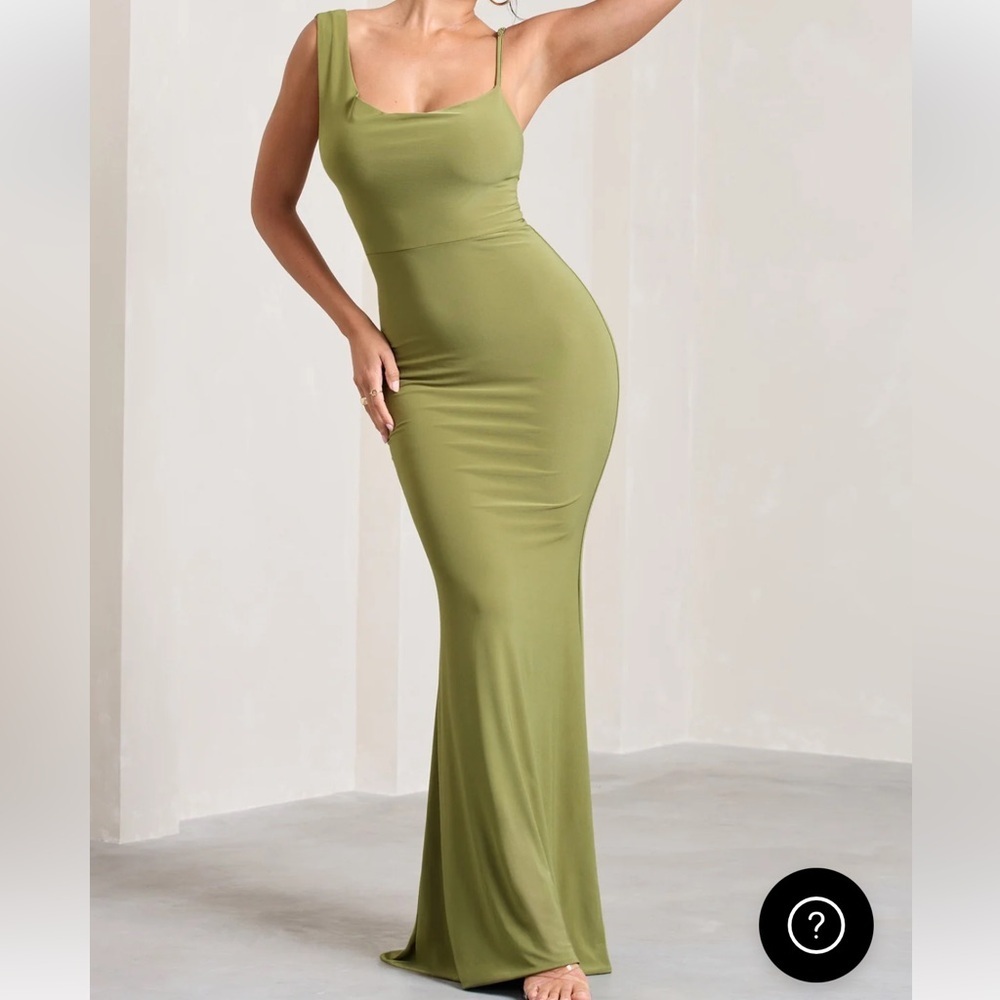 Club L London Phantasy Olive Green Wedding Guest Dress Cowl Maxi Sexy Ruched 4